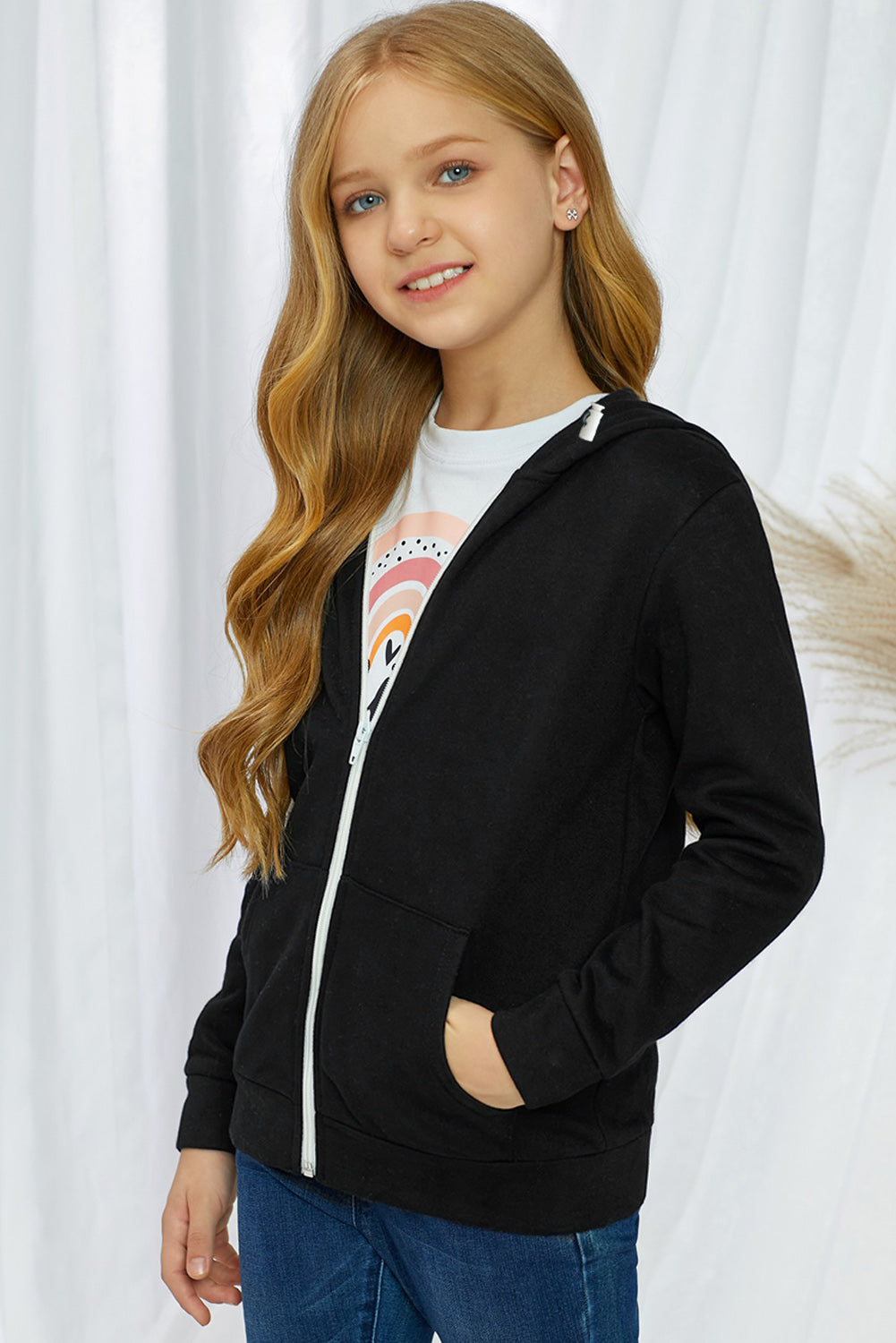 Girls Zip-Up Drawstring Hooded Jacket with Pockets-UHX-Urbanheer