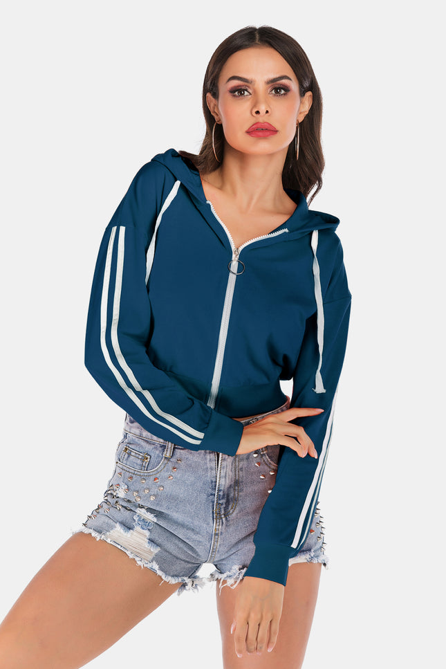 Side Stripe Drawstring Cropped Hooded Jacket-Collab-Urbanheer