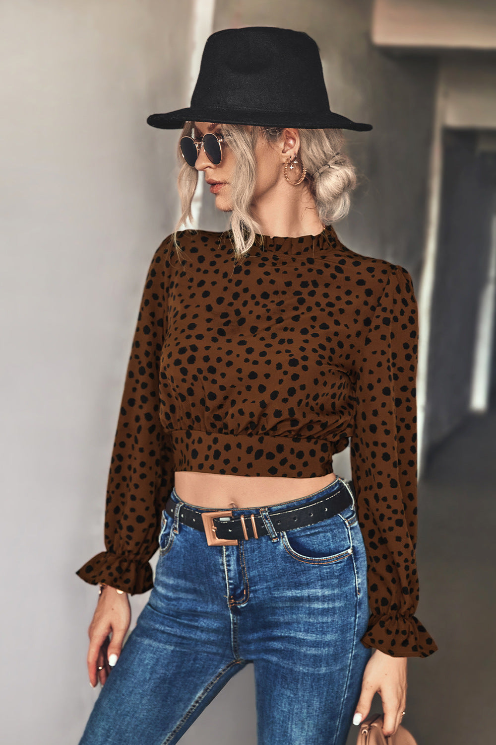 Animal Print Tie-Back Cropped Blouse-UHX-Urbanheer