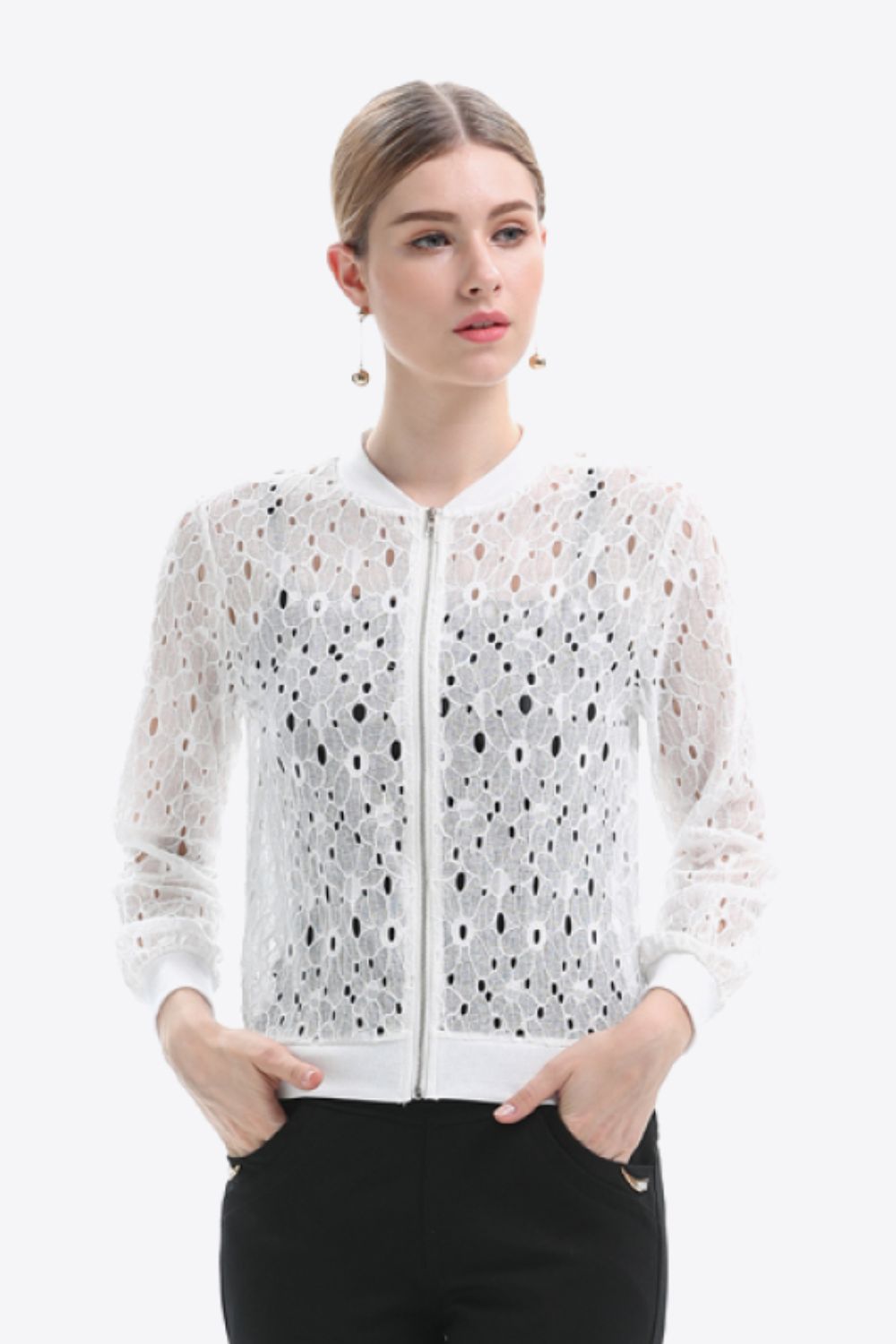 Openwork Zip Up Jacket-UHX-White-S-Urbanheer