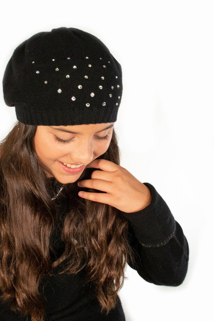 Cashmere Hat With Crystals-Kids Hats-Portolano Kids-BLACK-4-7Y-Urbanheer