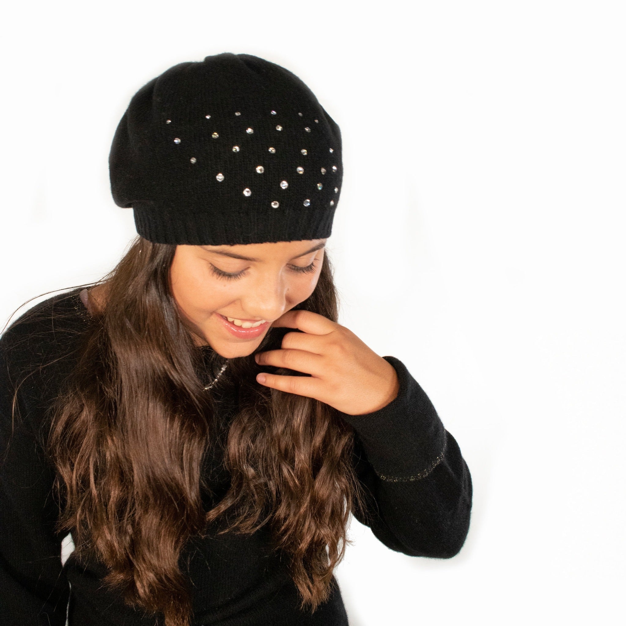 Cashmere Hat With Crystals-Kids Hats-Portolano Kids-BLACK-4-7Y-Urbanheer