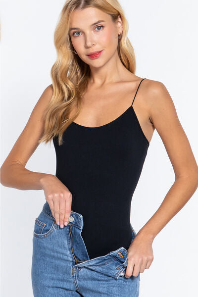 Active Basic Ribbed Round Neck Seamless Cami Bodysuit-UHX-Black-S/M-Urbanheer