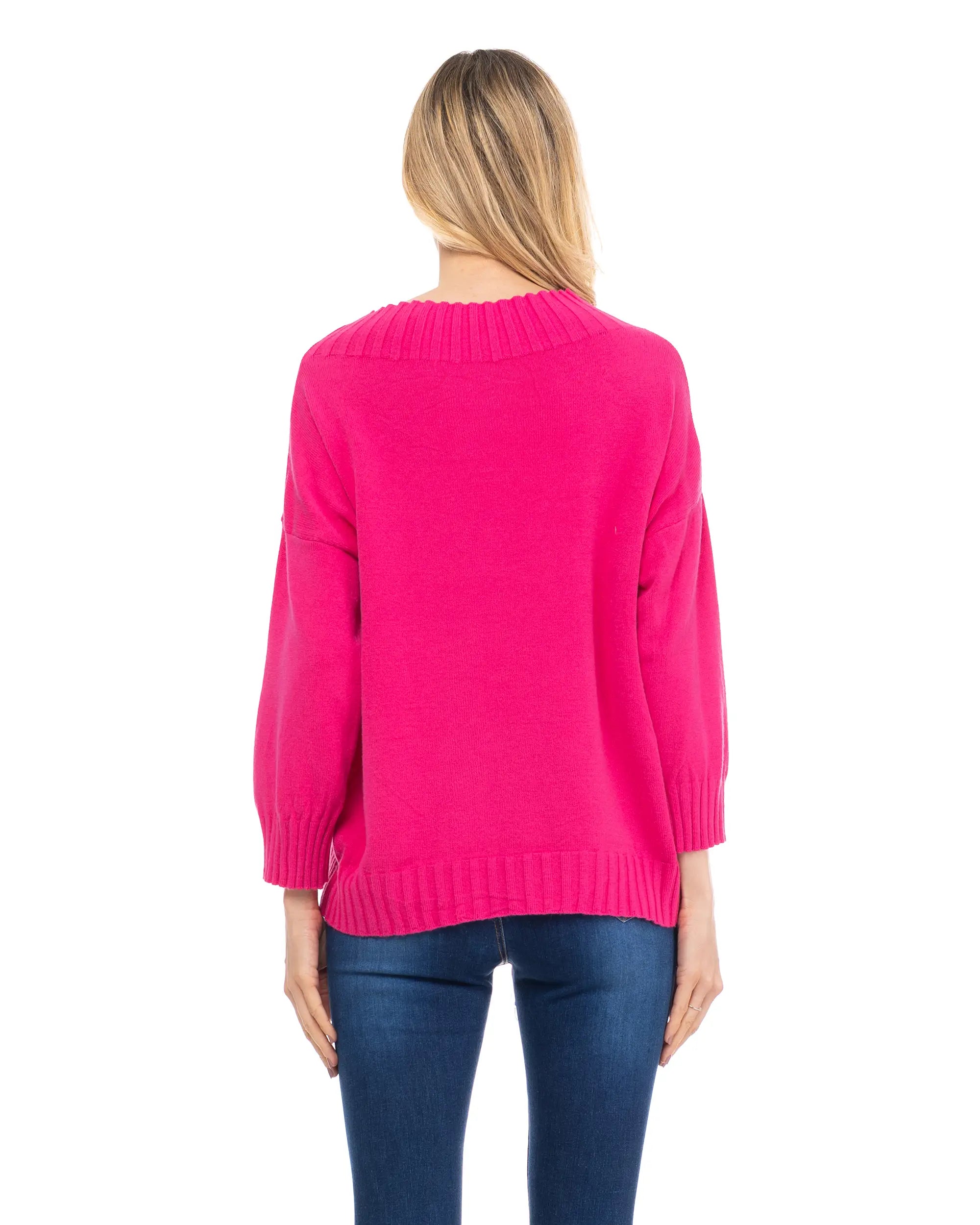 Fuchsia Knitted Sweater With Perkins Collar & French Sleeves.-Tantra-Urbanheer