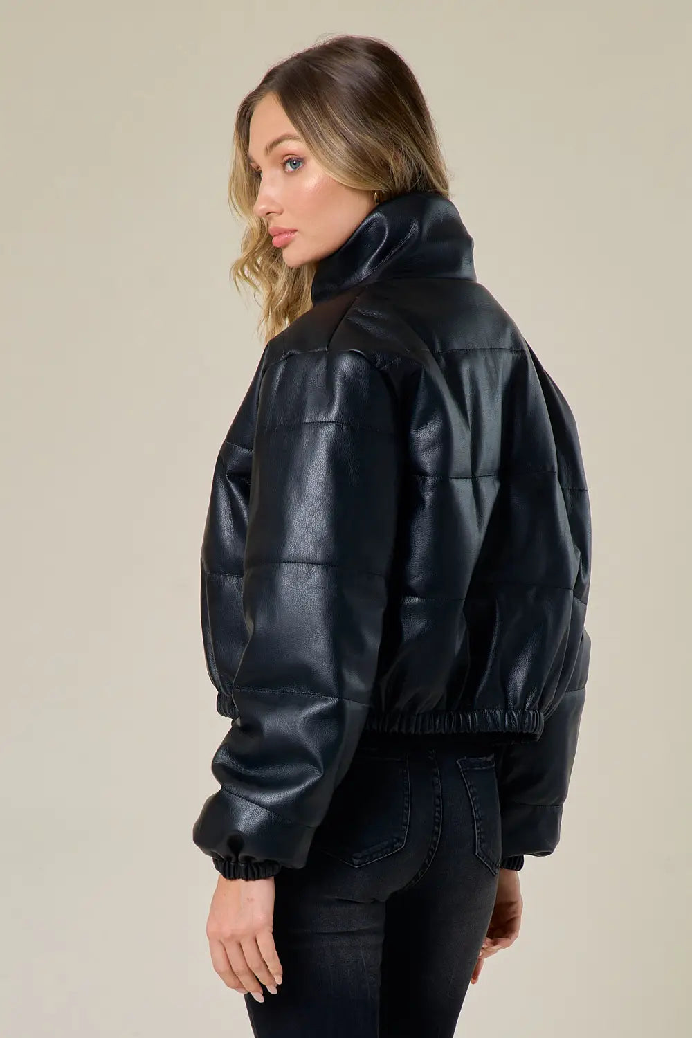 Black Leather Puffer Jacket-Saints & Hearts-Urbanheer