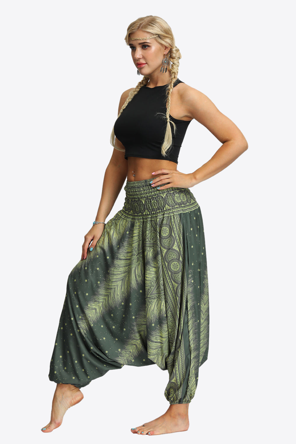 Printed Smocked Waist Harem Pants-UHX-Urbanheer