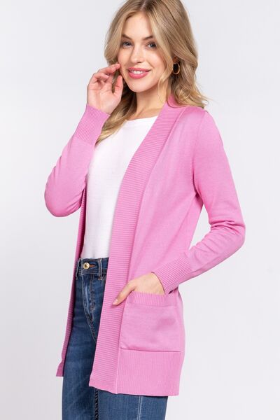 Active Basic Ribbed Trim Open Front Cardigan-UHX-PINK-S-Urbanheer