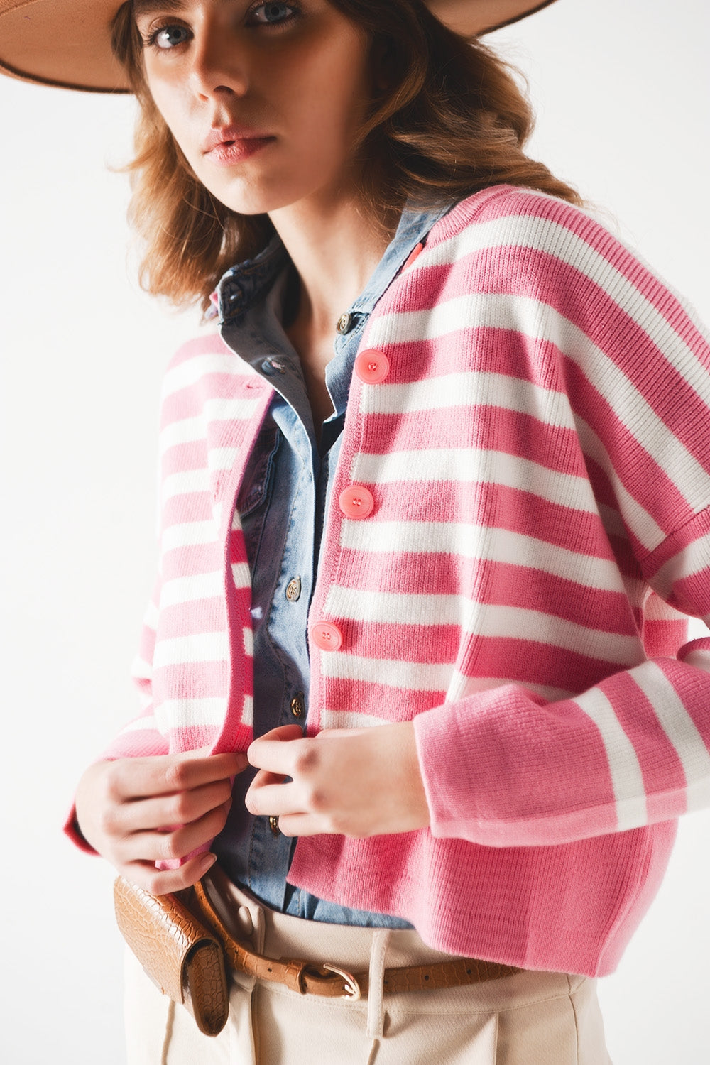 Lightweight Stripe Cardigan In Pink-Clothing - Women-Q2-Urbanheer