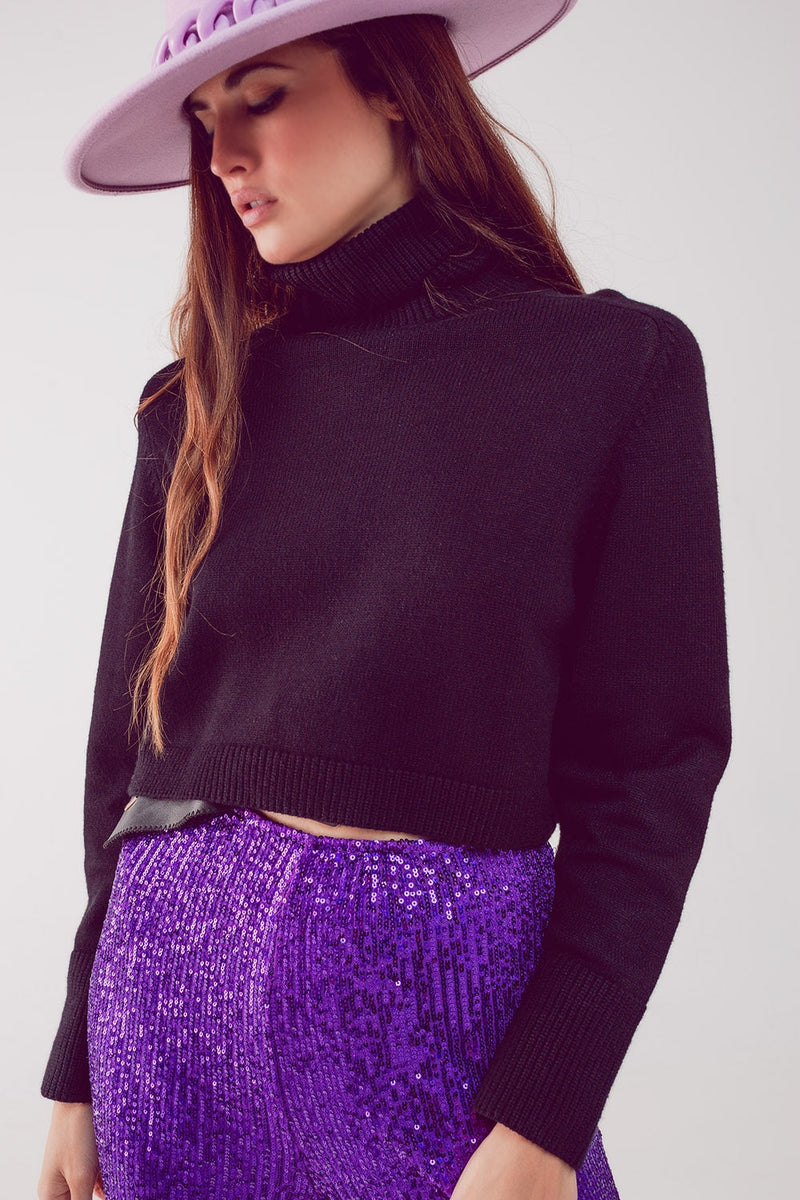 High Neck Cropped Jumper In Black-Q2-Urbanheer