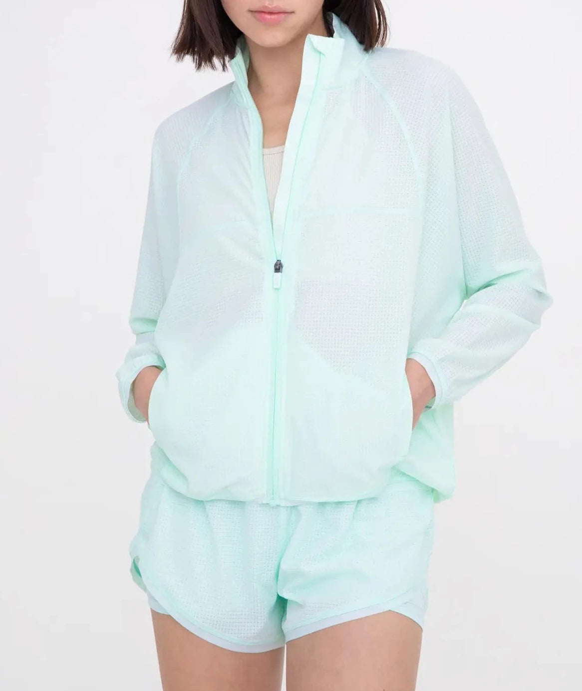 Athletic Women Mock Neck Running Jacket- Mint-Clothing - Women-Mono B-Urbanheer