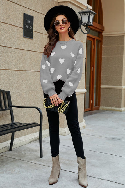 Heart Pattern Lantern Sleeve Round Neck Tunic Sweater-Collab-Urbanheer