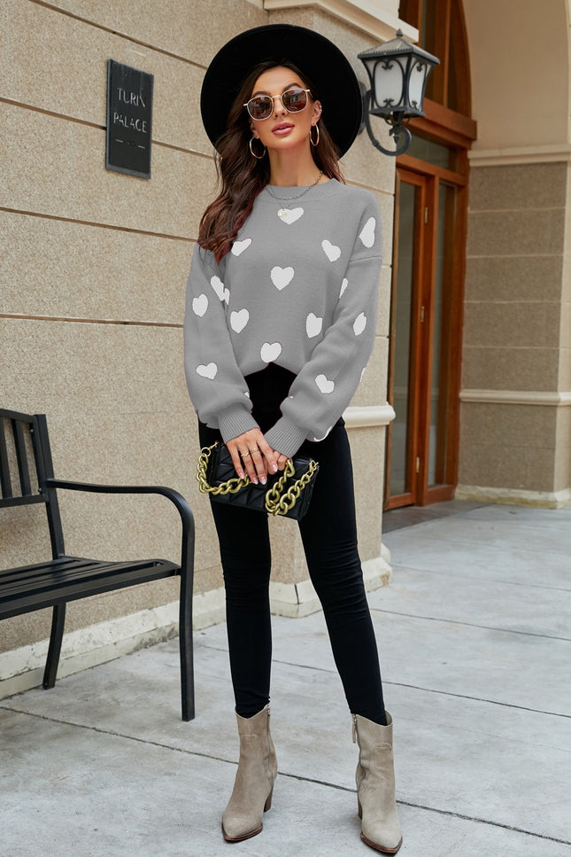 Heart Pattern Lantern Sleeve Round Neck Tunic Sweater-Collab-Urbanheer