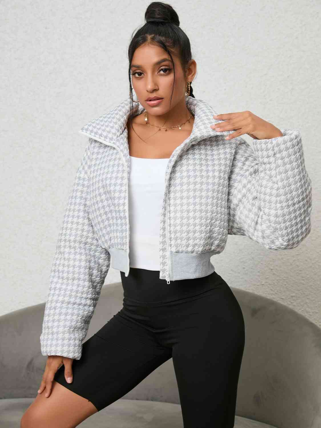 Houndstooth Zip-Up Jacket-UHX-White-S-Urbanheer