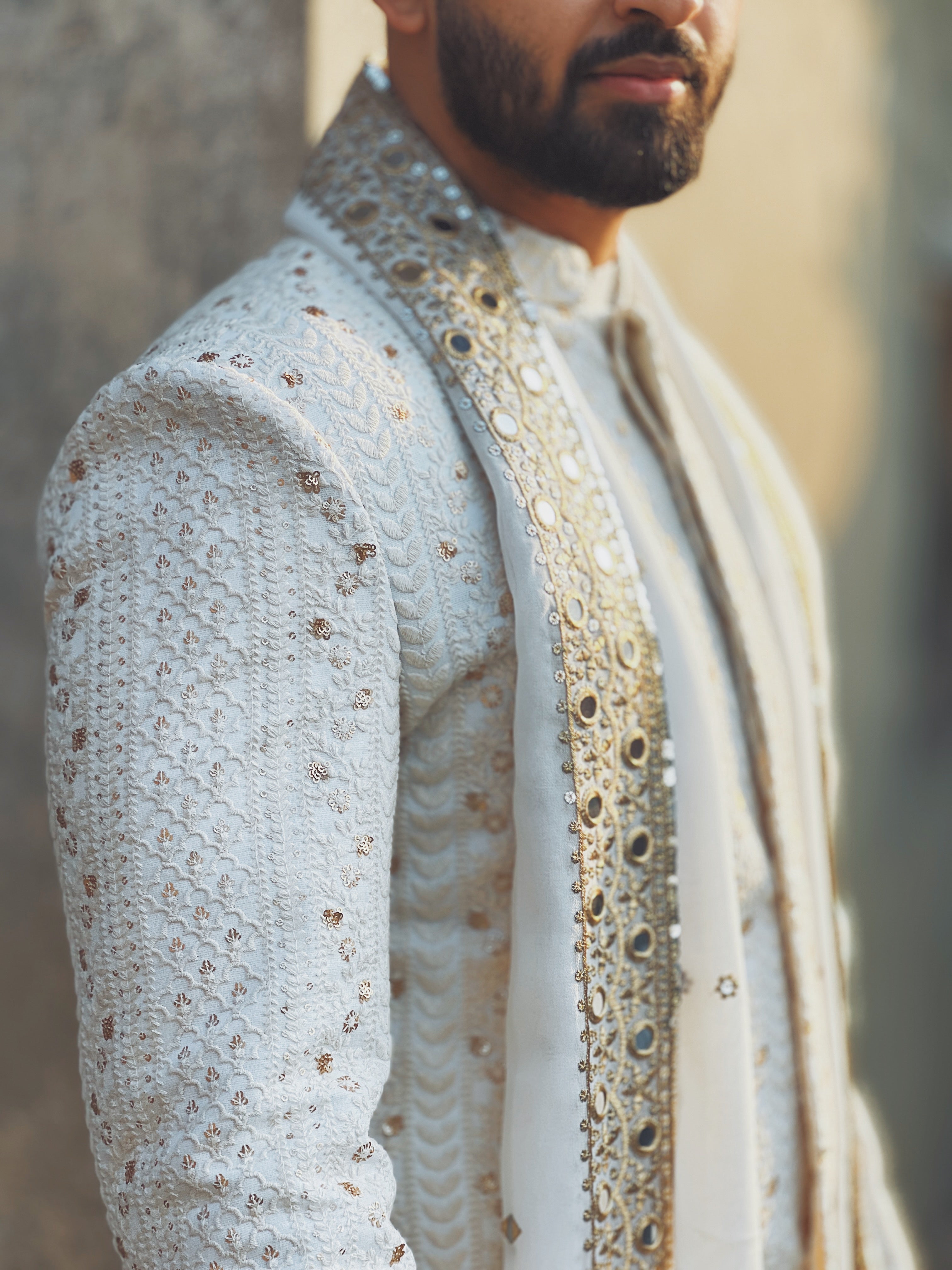 Harold - Off-White Chikankari Embroidered Achkan Jacket Set With Mirror Work Stole-Achkan Set-Bohame-XS-5'-5'4"-Urbanheer