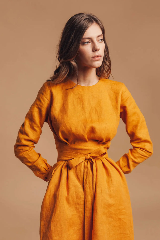 Linen Mustard Yellow Wrap Dress-Nich Linen-Urbanheer