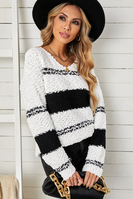 Striped V-Neck Popcorn Knit Sweater-Collab-Urbanheer