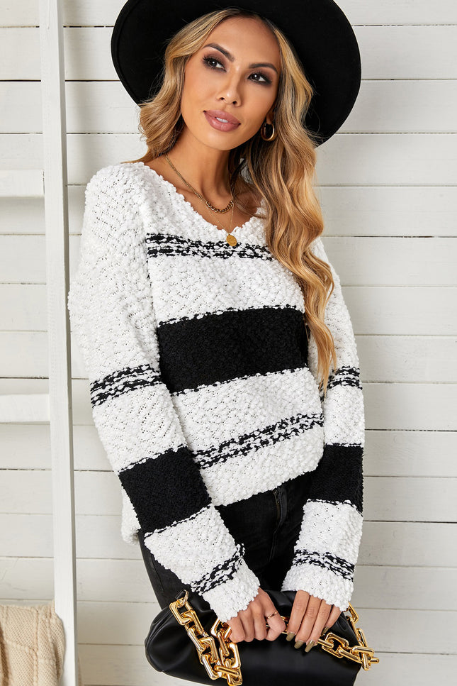 Striped V-Neck Popcorn Knit Sweater-Collab-Urbanheer