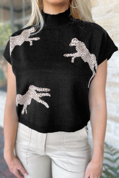 Animal Graphic Mock Neck Cap Sleeve Sweater-UHX-Black-S-Urbanheer