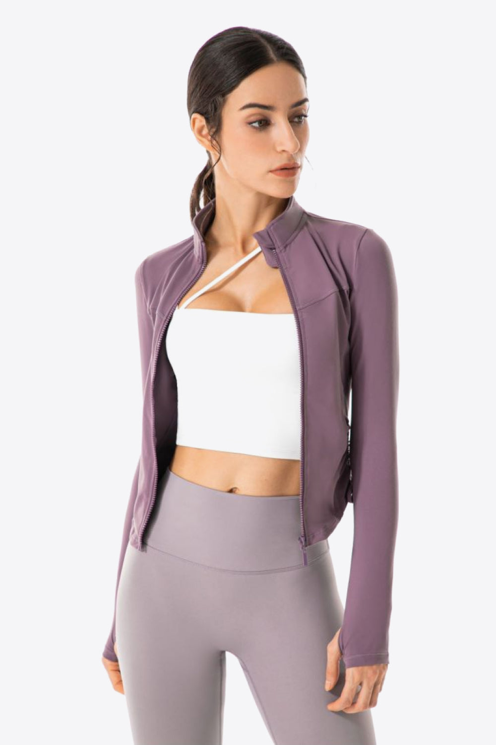 Side Drawstring Zip-Up Sports Jacket-UHX-Lilac-S-Urbanheer