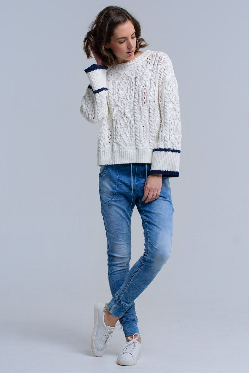 Cream Cable Sweater With Stripe Detail-Q2-Urbanheer