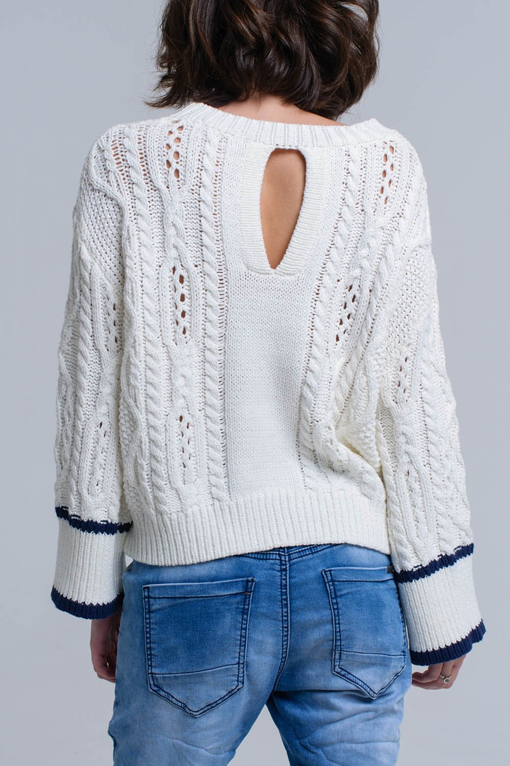 Cream Cable Sweater With Stripe Detail-Q2-Urbanheer