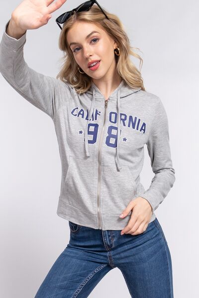 Active Basic California Zip Up Drawstring Long Sleeve Hoodie-UHX-Urbanheer