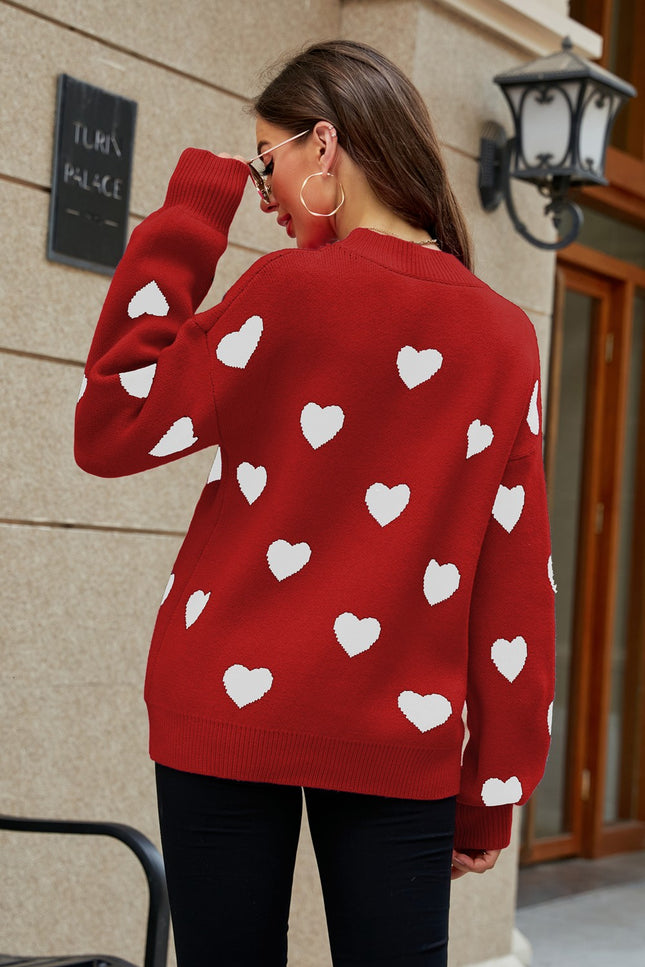 Heart Pattern Lantern Sleeve Round Neck Tunic Sweater-Collab-Urbanheer