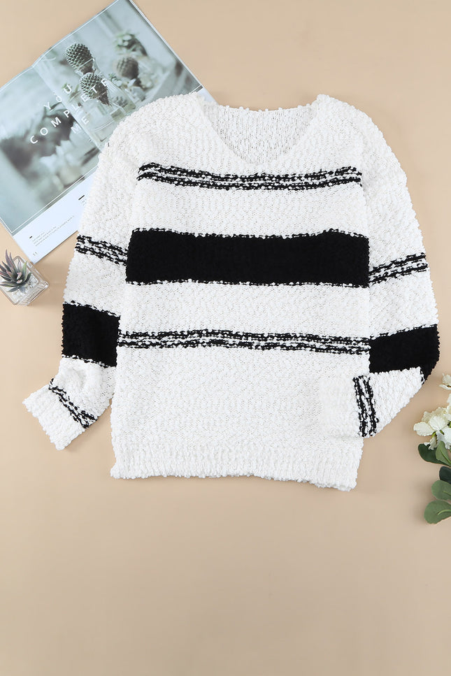 Striped V-Neck Popcorn Knit Sweater-Collab-Urbanheer