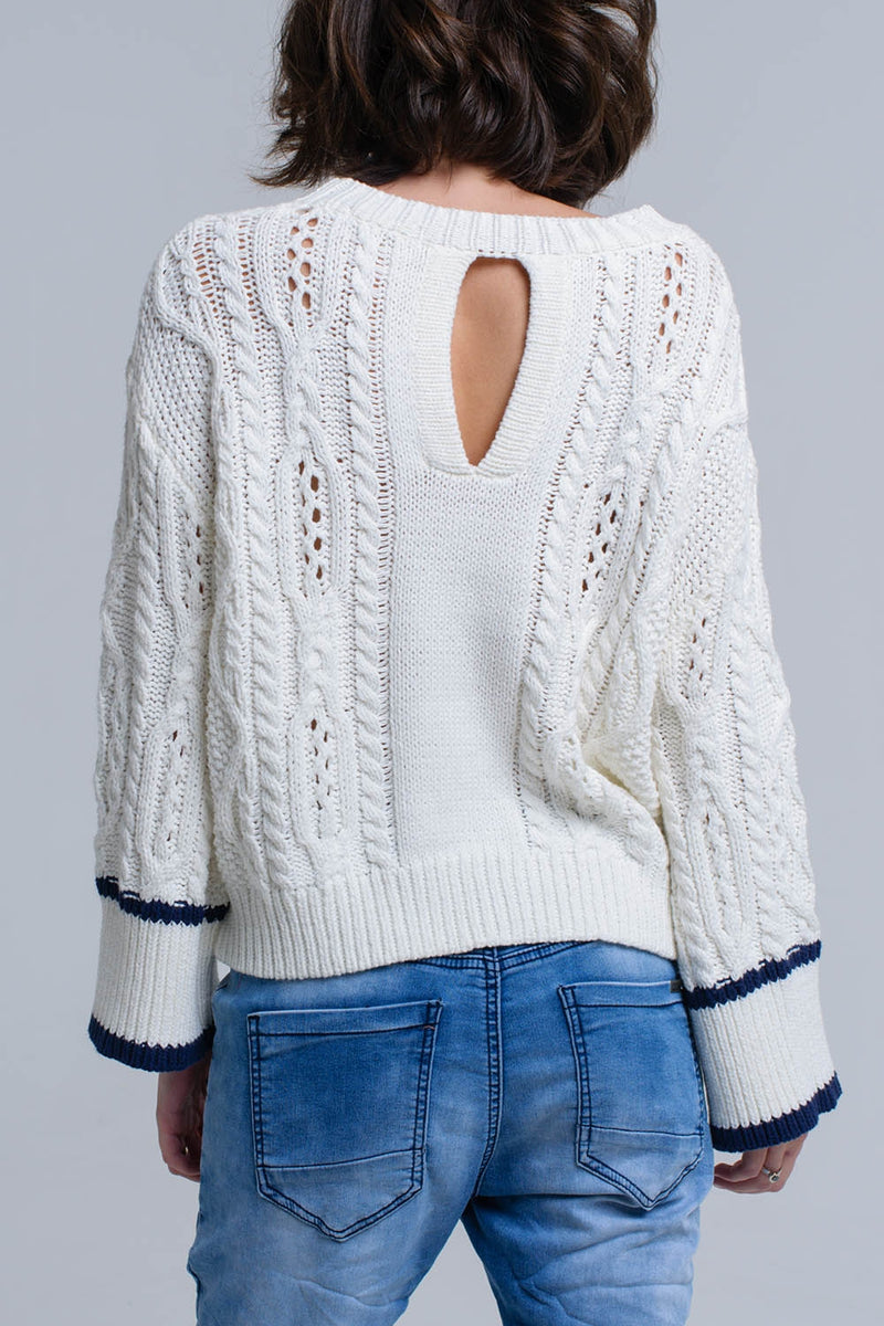 Cream Cable Sweater With Stripe Detail-Q2-Urbanheer