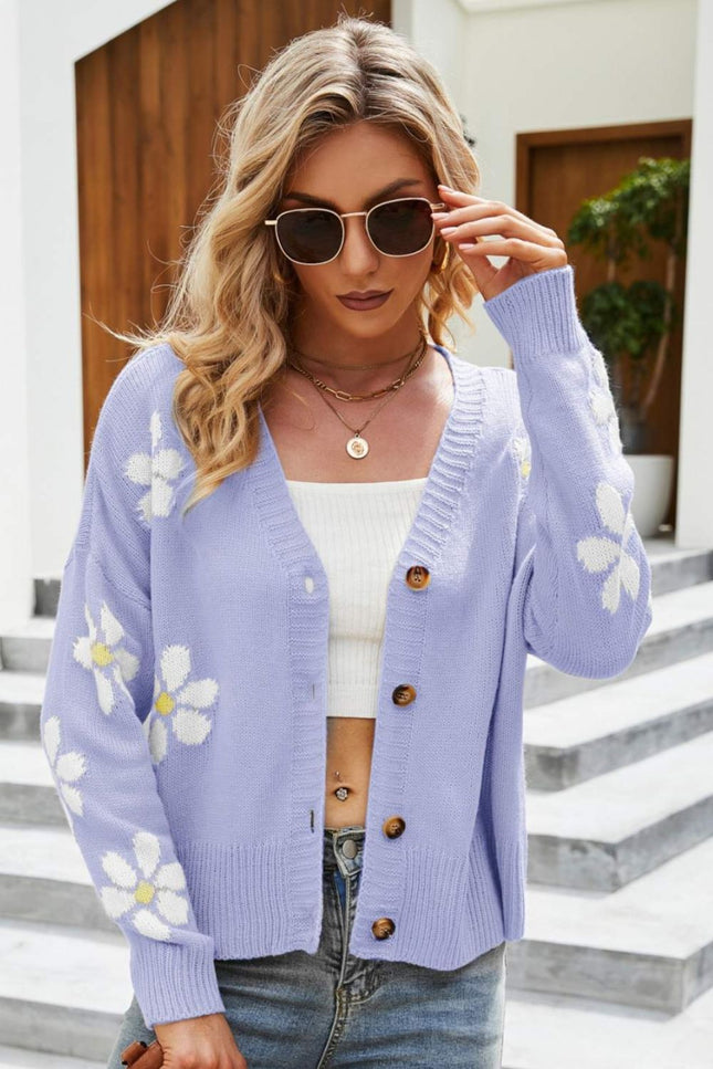 Floral Ribbed Trim Drop Shoulder Cardigan-Collab-Lilac-S-Urbanheer