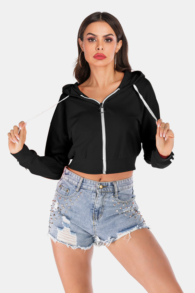 Side Stripe Drawstring Cropped Hooded Jacket-Collab-Black-S-Urbanheer