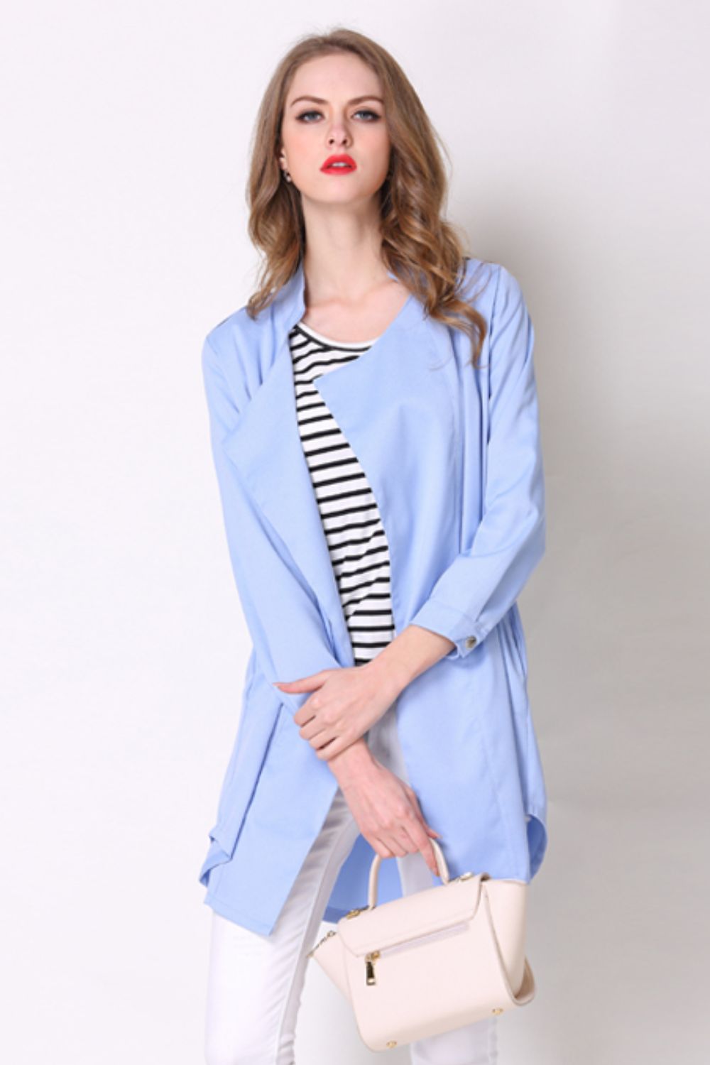 Full Size Open Front Longline Trench Coat-UHX-Pastel Blue-S-Urbanheer