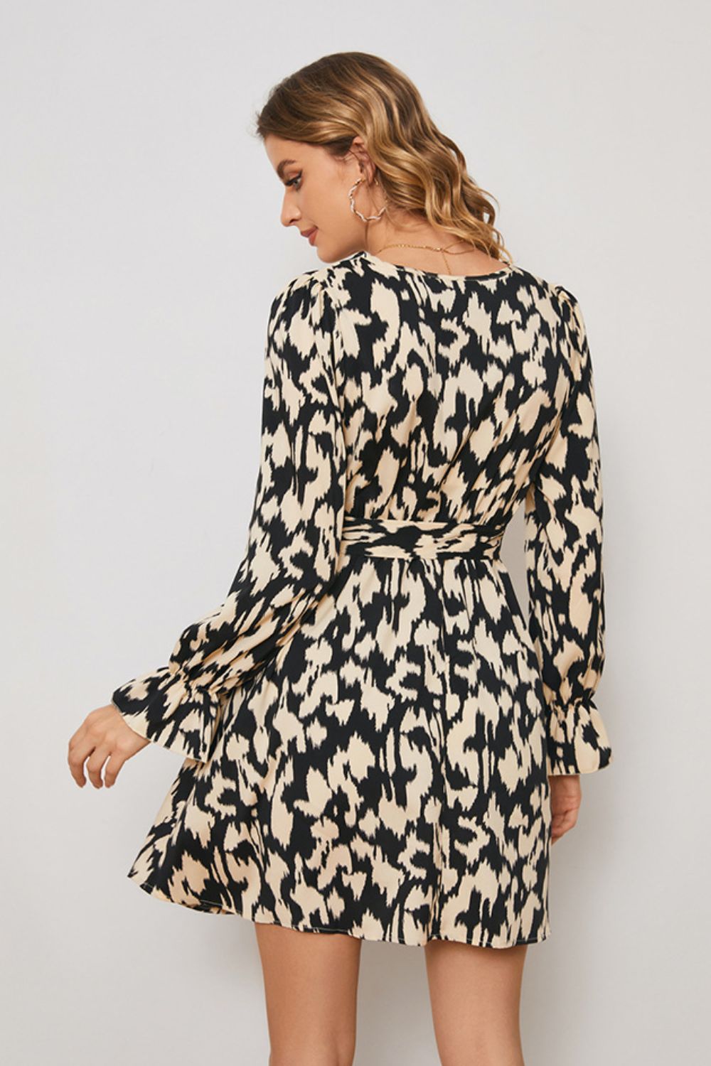 Animal Print Surplice Neck Long Flounce Sleeve Dress-UHX-Urbanheer