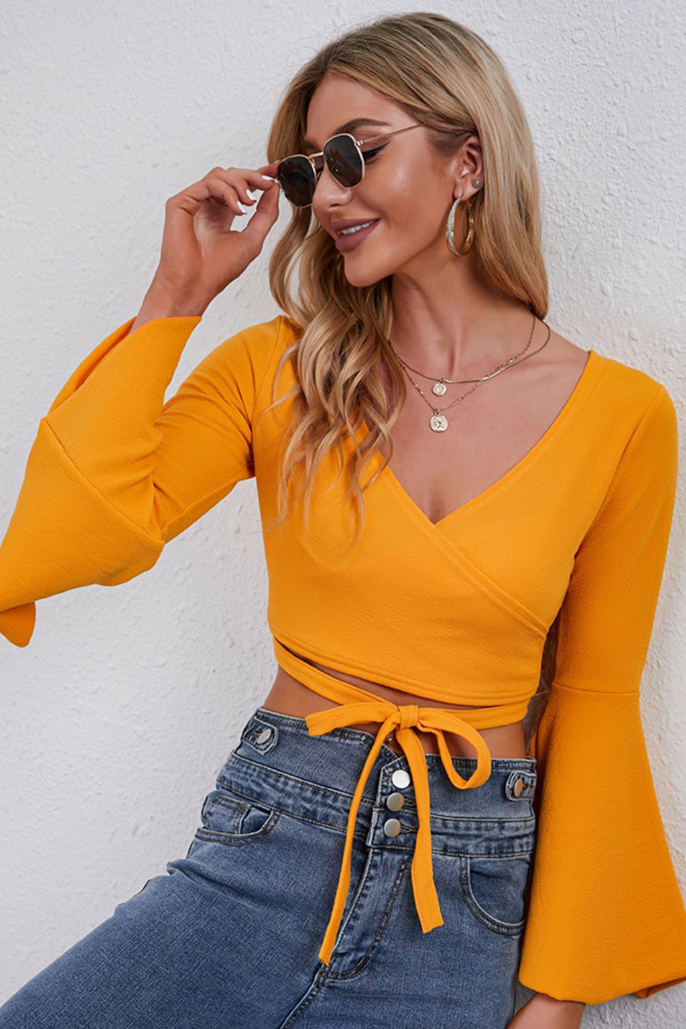 Bell Sleeve Self-Tie Crop Top