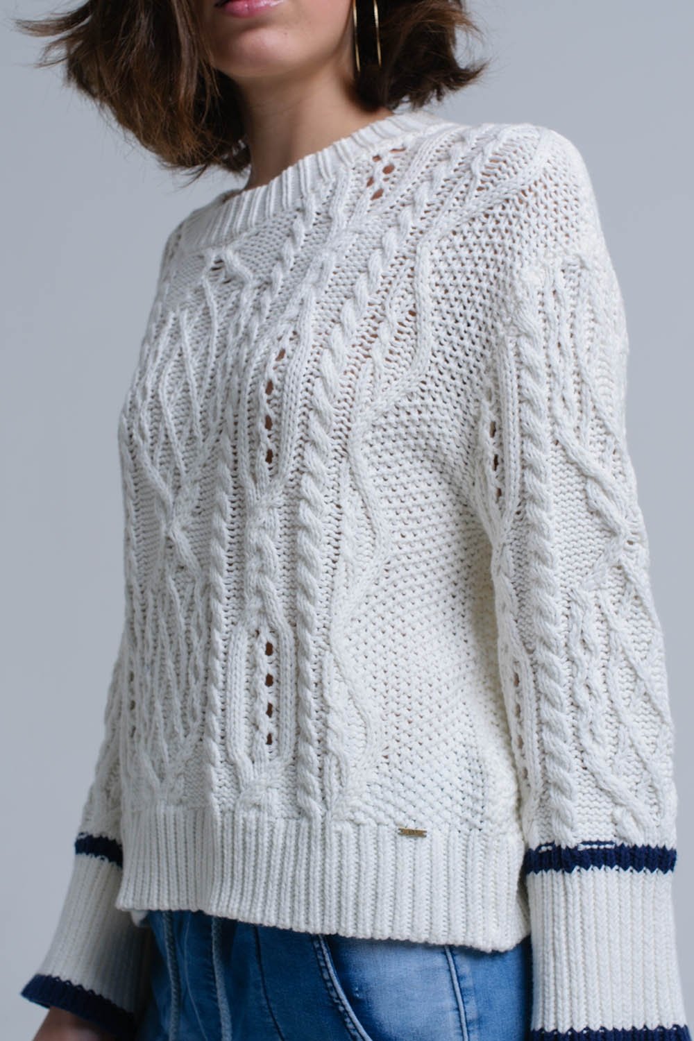 Cream Cable Sweater With Stripe Detail-Q2-Urbanheer