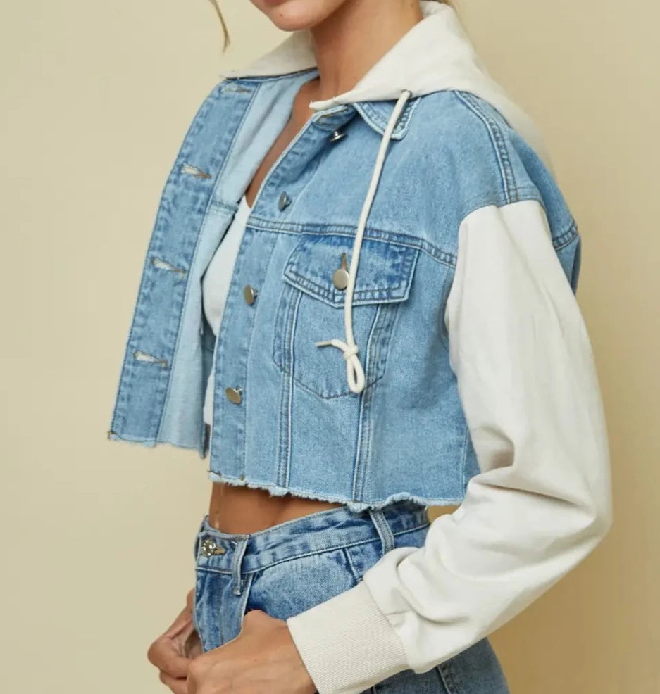 Detachable Hoodie Crop Denim Jacket-Blue Blush-Urbanheer