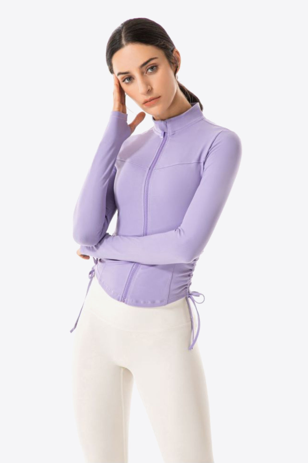 Side Drawstring Zip-Up Sports Jacket-UHX-Lavender-S-Urbanheer