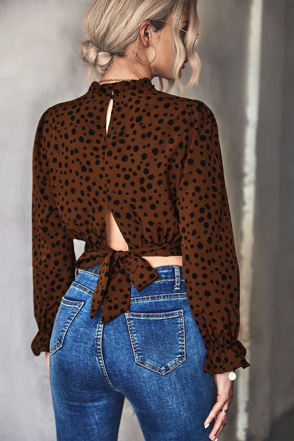 Animal Print Tie-Back Cropped Blouse-UHX-Urbanheer