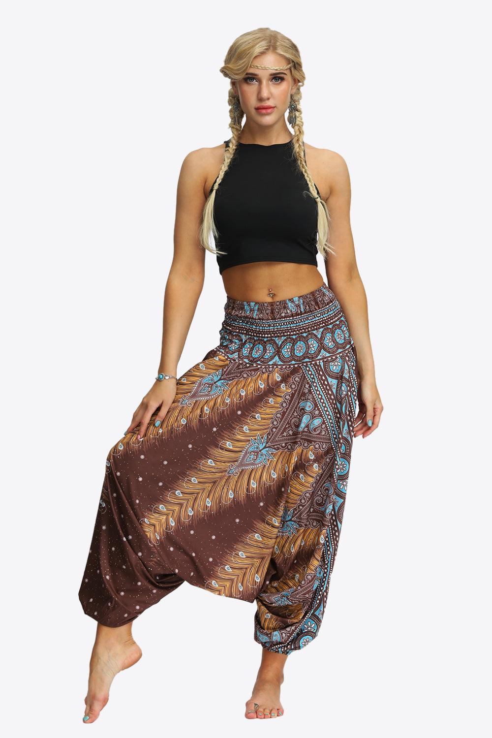 Printed Smocked Waist Harem Pants-UHX-Urbanheer