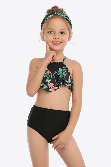 Botanical Print Ruffled Two-Piece Swim Set-UHX-Black/Green-4T-Urbanheer