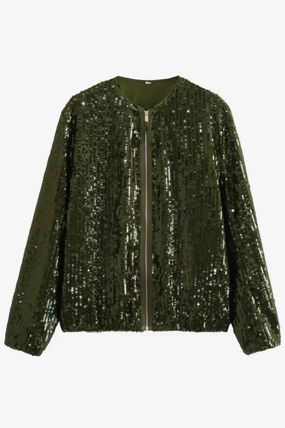 Sequin Zip-Up Jacket-UHX-Army Green-S-Urbanheer