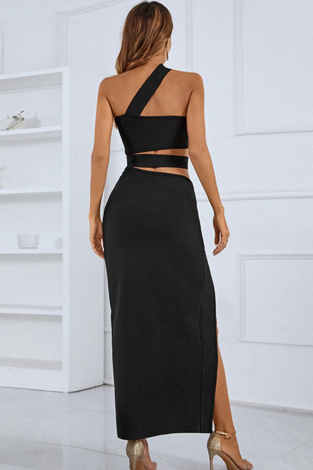 One-Shoulder Cutout Front Split Maxi Dress-UHX-Urbanheer