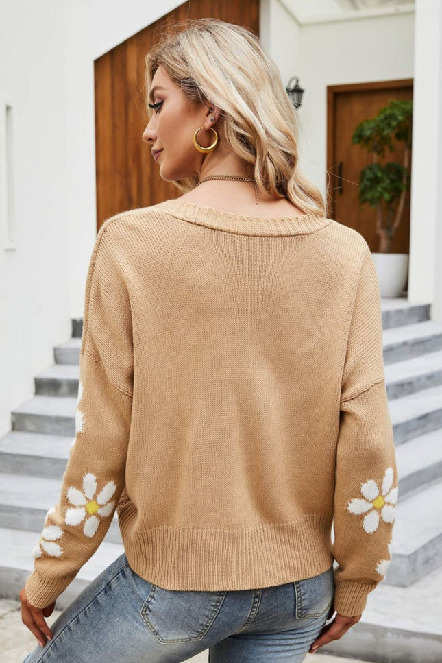 Floral Ribbed Trim Drop Shoulder Cardigan-Collab-Urbanheer