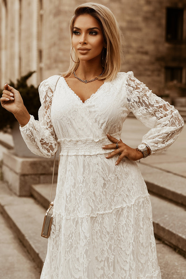 Puff Sleeve Tie-Back Lace Surplice Dress-Collab-Urbanheer