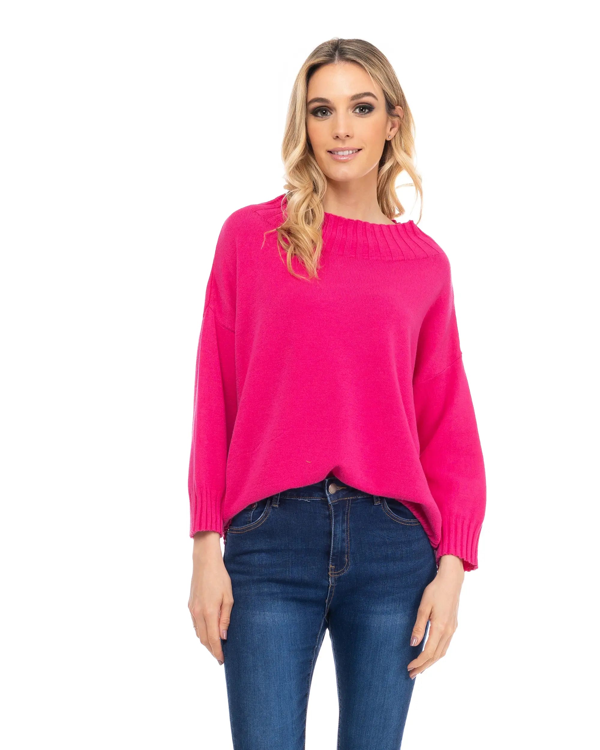 Fuchsia Knitted Sweater With Perkins Collar & French Sleeves.-Tantra-S-Urbanheer