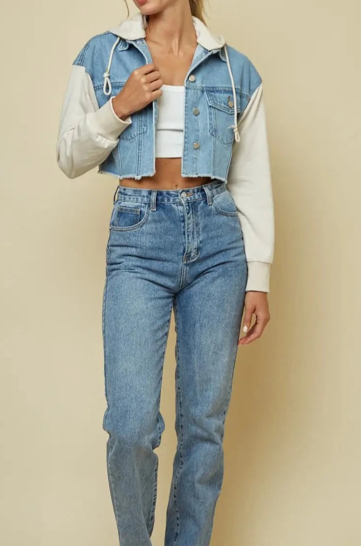 Detachable Hoodie Crop Denim Jacket-Blue Blush-Urbanheer