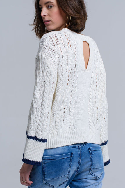 Cream Cable Sweater With Stripe Detail-Q2-Urbanheer