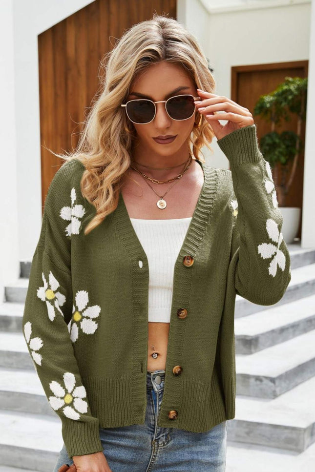 Floral Ribbed Trim Drop Shoulder Cardigan-Collab-Green-S-Urbanheer