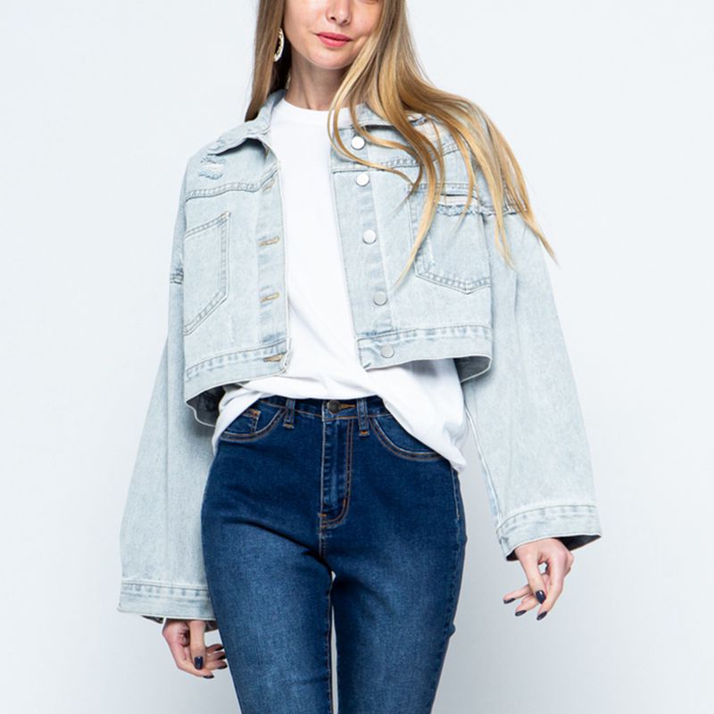 Cropped Collared Neck Dropped Shoulder Denim Jacket-UHX-Light-S-Urbanheer