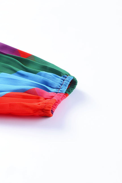 Multicolored Tie-Waist Pleated Balloon Sleeve Dress-UHX-Urbanheer